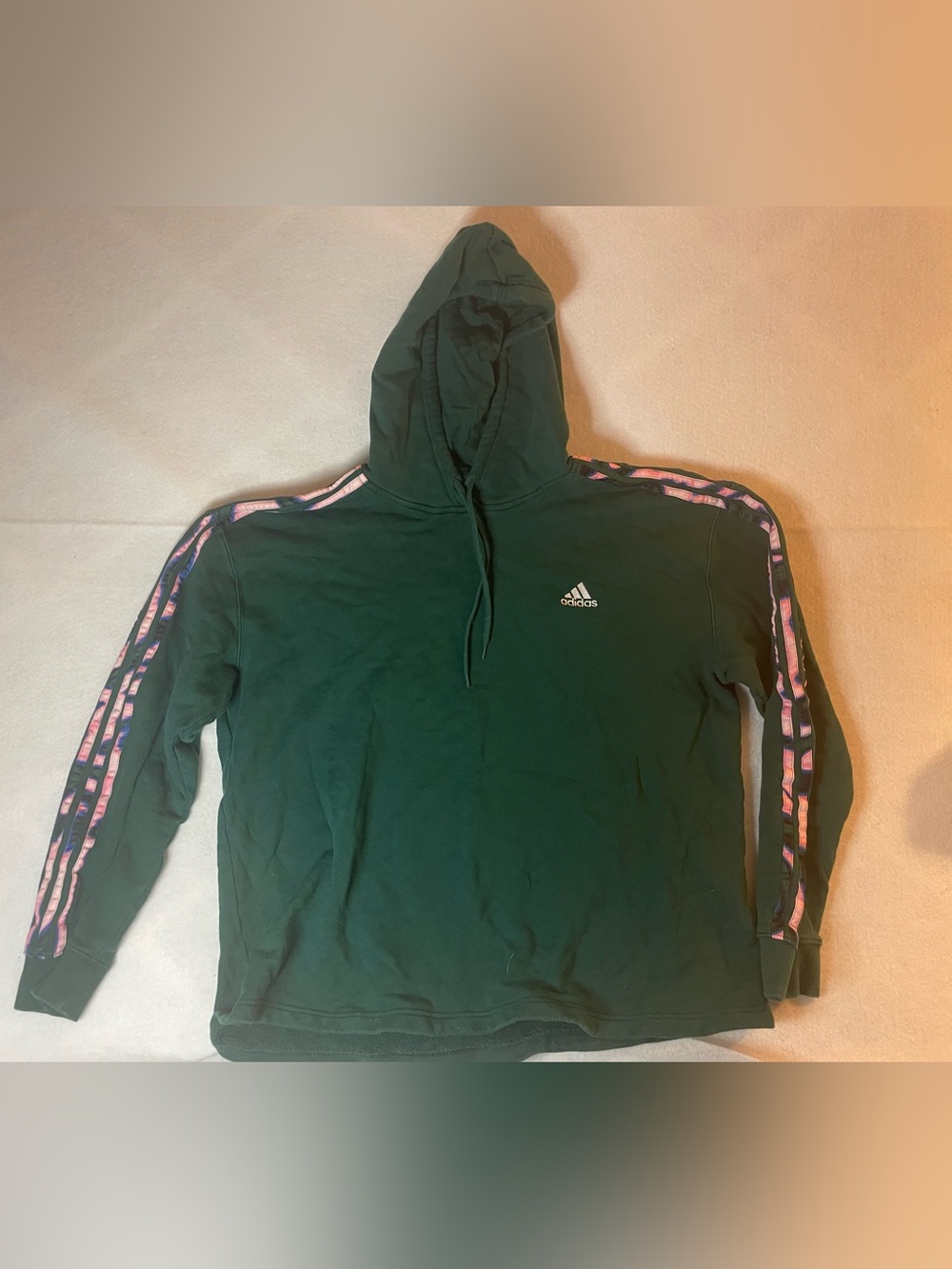 adidas Womens Green Hoodie with Pink Stripe Accents